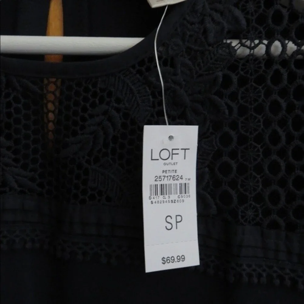 Loft Navy Blue Dress Short Sleeve Crochet Swing Petite Small Preppy Mini NWT